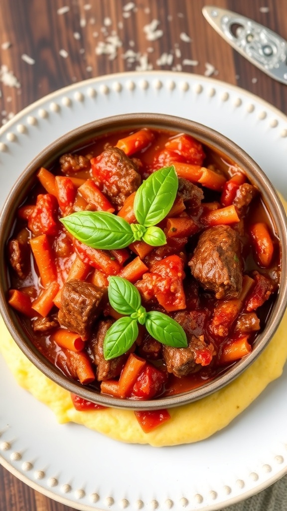 A bowl of Italian Beef Ragu over creamy polenta, garnished with basil on a rustic table.